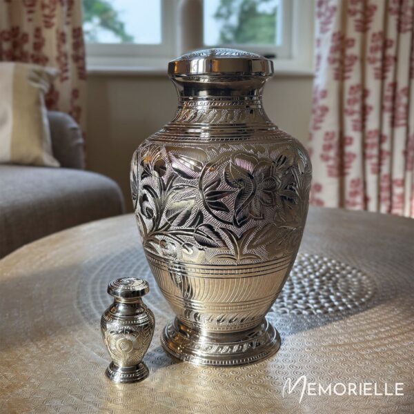 Silver Floral Adult Brass Urn - Image 2